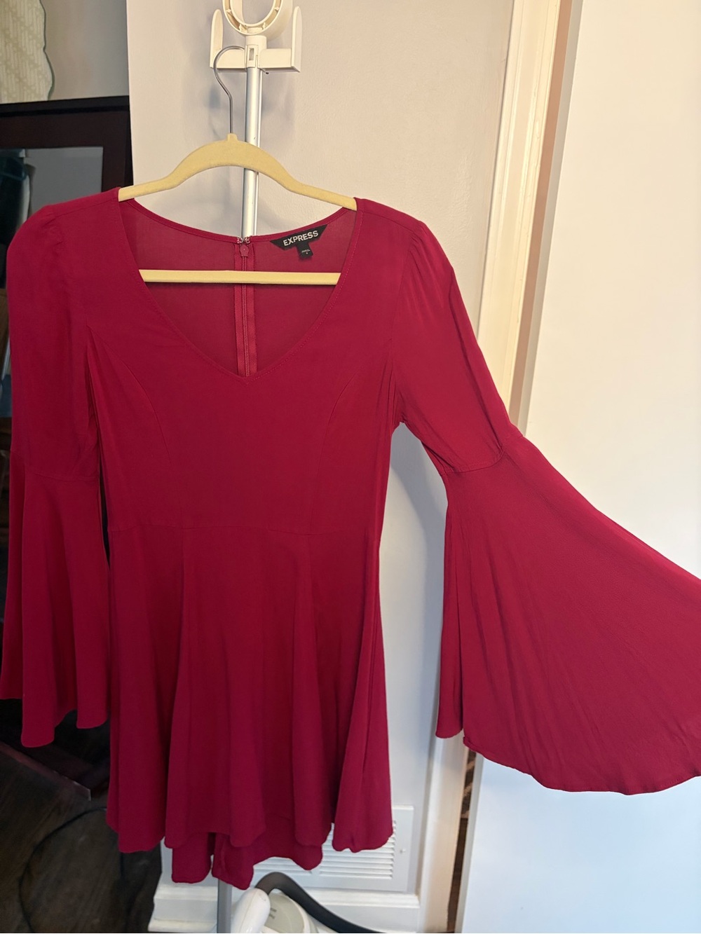 Express Wine-Red Long Sleeve Bell-Sleeve Dress
